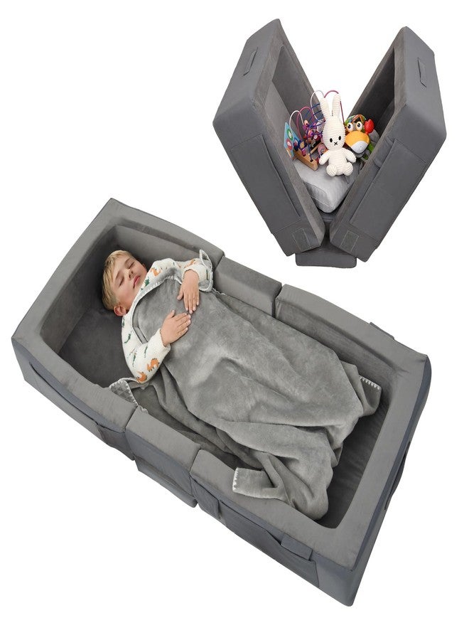 ENITYA Toddler Travel Bed – Portable Foldable Soft Foam Floor Bed for Kids 1–4yr, No Assembly, Washable Cover, Built-in Safety Rails, Compact for Travel & Home Use, Grey - Image 1